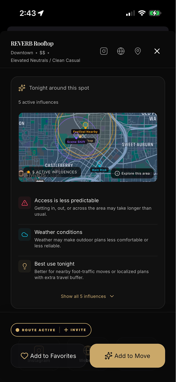 Contextual Influence: Active events, weather status, and alert diagnostics around a Spot