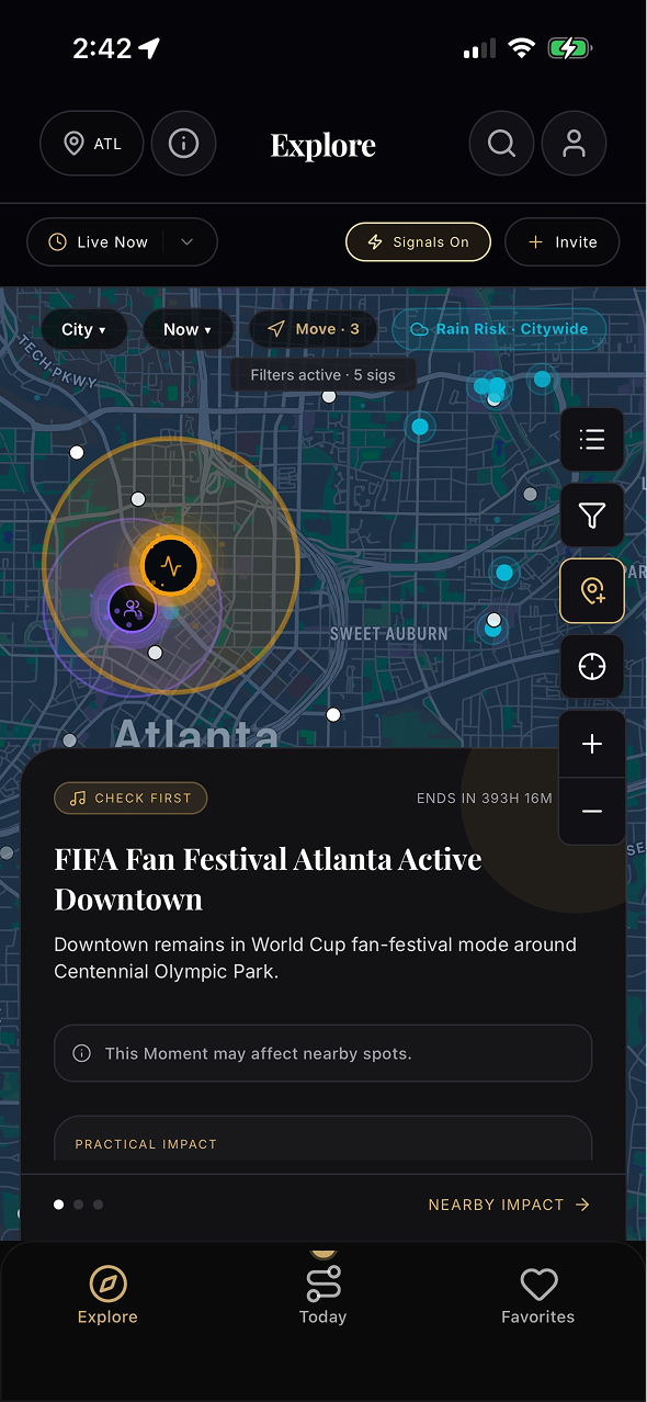 Explore Map: Pulsing domes indicating active localized Moments