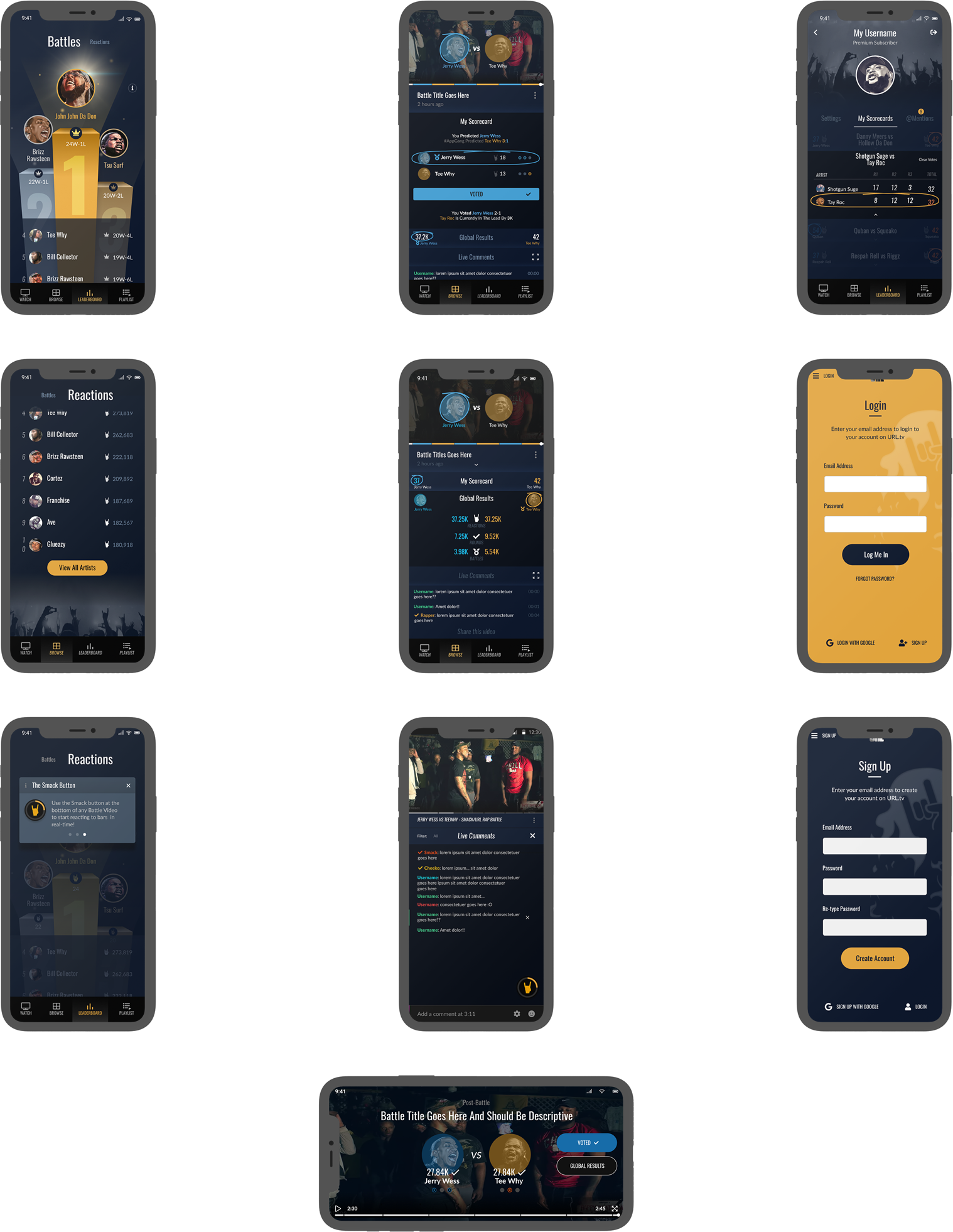 URL TV screens — dark theme